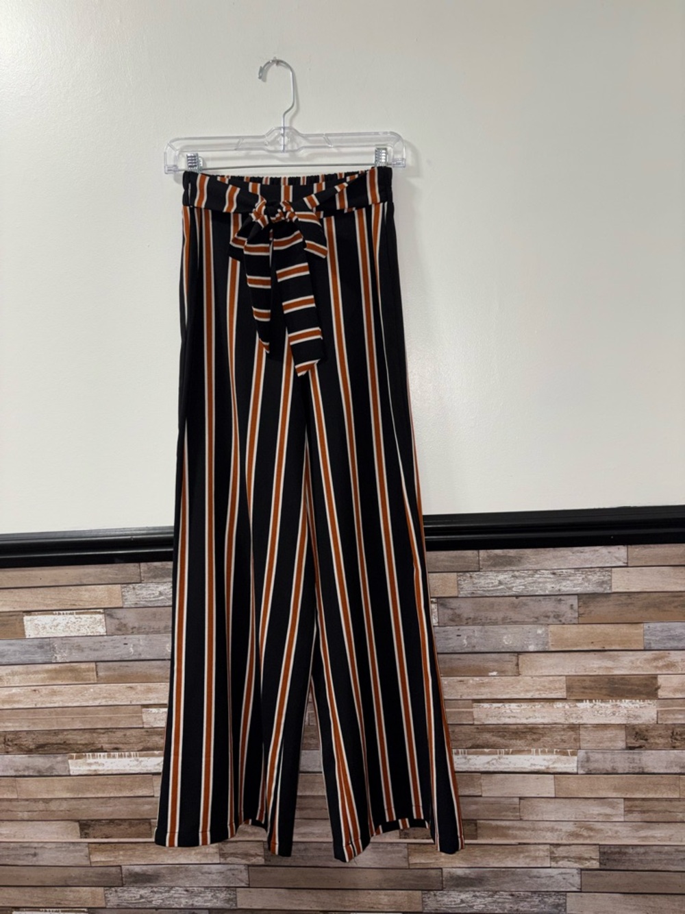mine Black, Tan & White Striped High-Waist Wide Leg Pants  Tie Waist Size Small